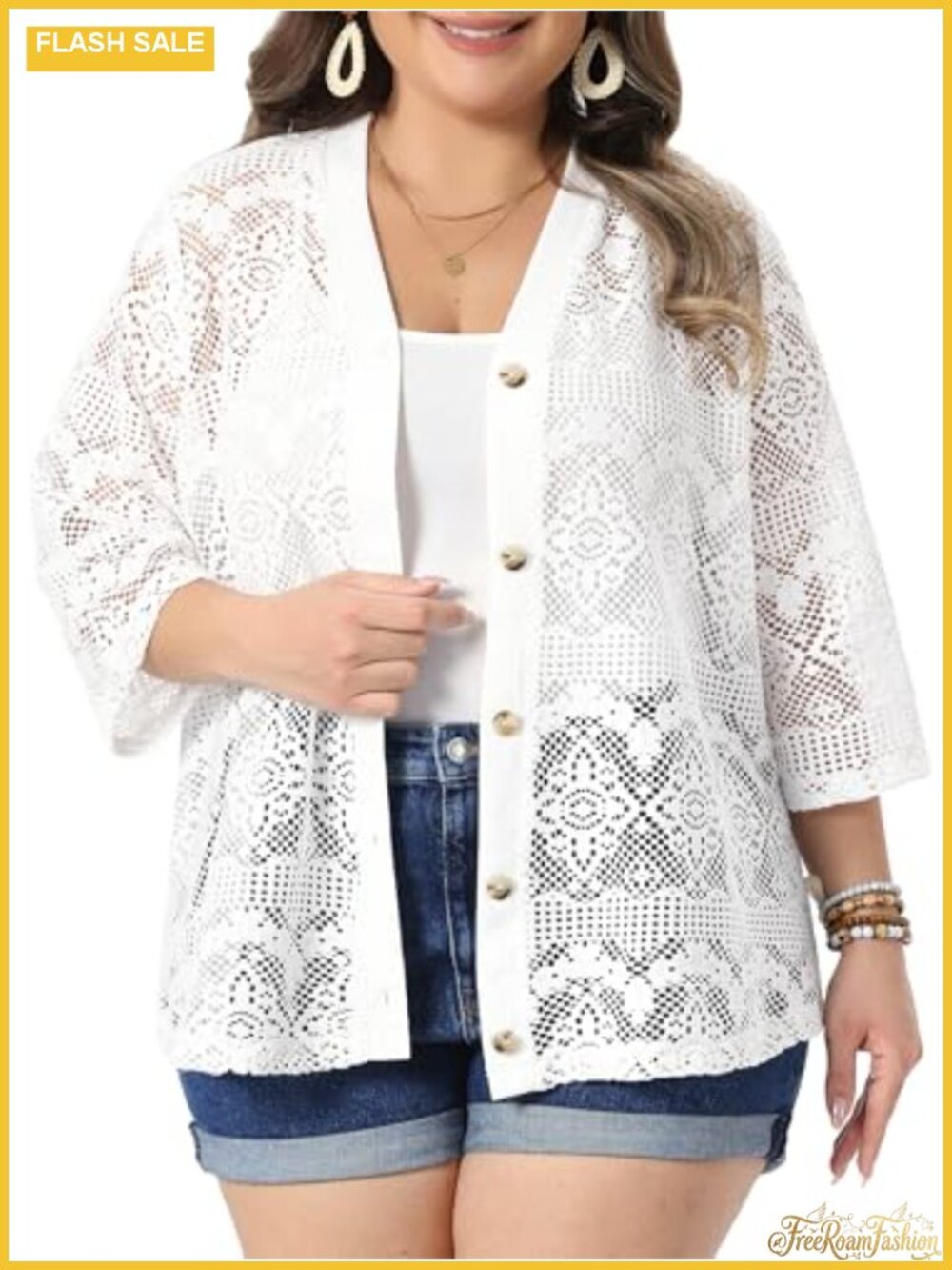 Plus Size Crochet Knit Cardigan 3/4 Sleeve Hollow Out